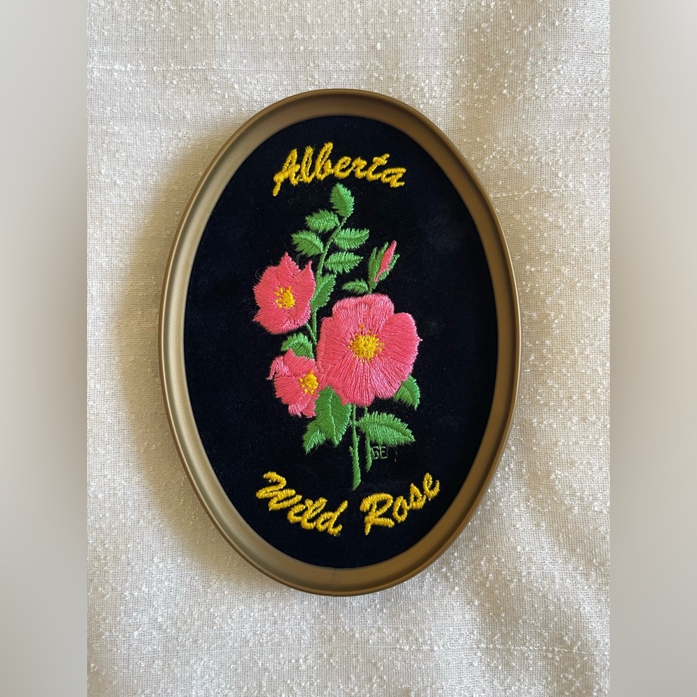 Vintage Embroidered Alberta Wild Rose  framed Wall Artwork from Ecstasy giftware